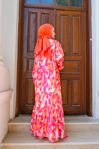 Fırça Desenli Bel Bağlamalı Elbise FUSYA