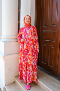 Fırça Desenli Bel Bağlamalı Elbise FUSYA