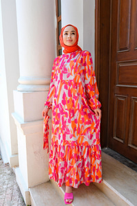 Fırça Desenli Bel Bağlamalı Elbise FUSYA