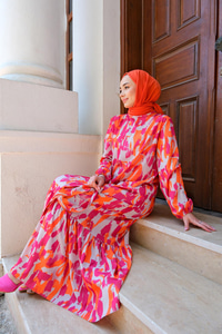 Fırça Desenli Bel Bağlamalı Elbise FUSYA