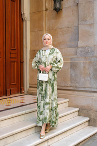 Fırça Desenli Elbise Yeşil