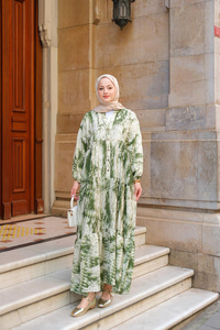 Fırça Desenli Elbise Yeşil