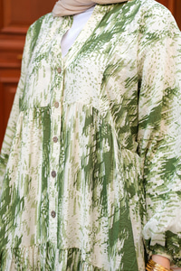 Fırça Desenli Elbise Yeşil