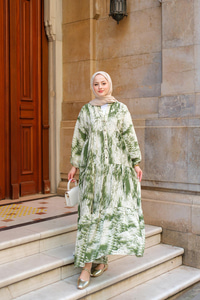 Fırça Desenli Elbise Yeşil