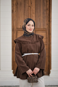 Fırfır Detay Dikiş Pensli Tunik Kahverengi