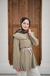 Fırfır Detay Dikiş Pensli Tunik Küf Yeşil