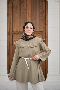 Fırfır Detay Dikiş Pensli Tunik Küf Yeşil