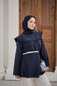 Fırfır Detay Dikiş Pensli Tunik Lacivert