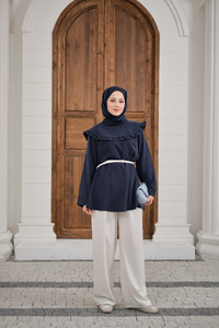 Fırfır Detay Dikiş Pensli Tunik Lacivert