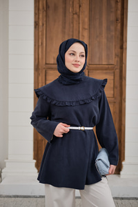 Fırfır Detay Dikiş Pensli Tunik Lacivert