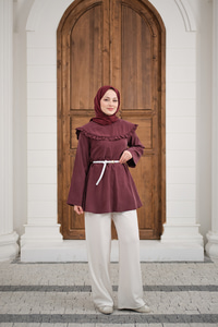 Fırfır Detay Dikiş Pensli Tunik Mürdüm