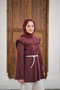 Fırfır Detay Dikiş Pensli Tunik Mürdüm