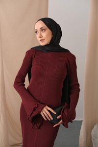 Fırfır Detay Elbise Bordo