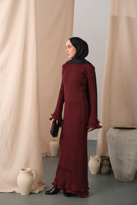 Fırfır Detay Elbise Bordo