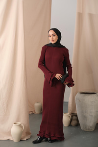 Fırfır Detay Elbise Bordo