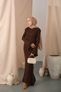 Fırfır Detay Elbise Kahverengi