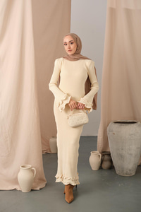 Fırfır Detay Elbise Krem