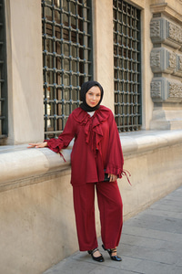 Fırfır Detay İkili Takım Bordo