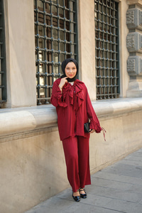 Fırfır Detay İkili Takım Bordo