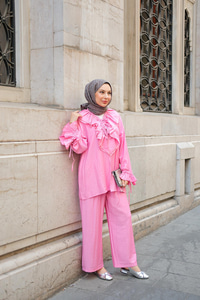 Fırfır Detay İkili Takım Pembe