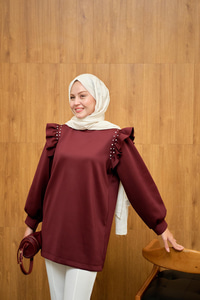 Fırfır Detay Taşlı Tunik Bordo