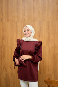 Fırfır Detay Taşlı Tunik Bordo