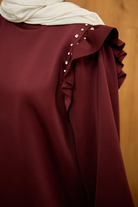 Fırfır Detay Taşlı Tunik Bordo
