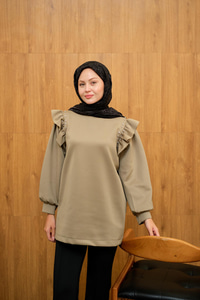 Fırfır Detay Taşlı Tunik Fıstık Yeşil