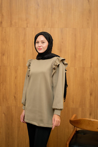 Fırfır Detay Taşlı Tunik Fıstık Yeşil