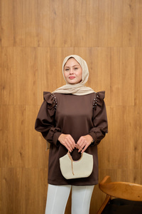 Fırfır Detay Taşlı Tunik Kahverengi