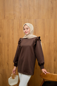 Fırfır Detay Taşlı Tunik Kahverengi