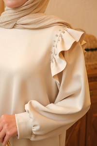 Fırfır Detay Taşlı Tunik Krem