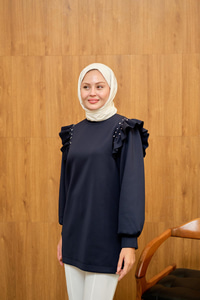 Fırfır Detay Taşlı Tunik Lacivert