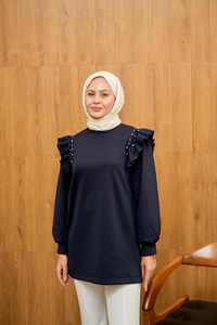 Fırfır Detay Taşlı Tunik Lacivert