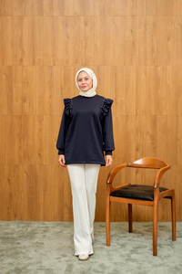 Fırfır Detay Taşlı Tunik Lacivert