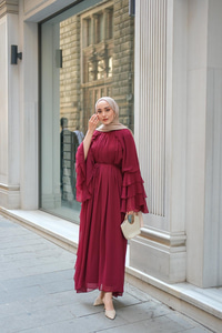 Fırfır Detay Tül Elbise Bordo