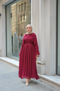 Fırfır Detay Tül Elbise Bordo