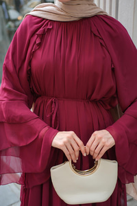 Fırfır Detay Tül Elbise Bordo