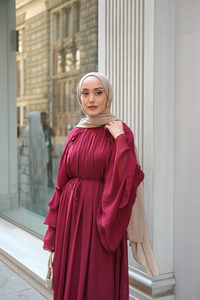 Fırfır Detay Tül Elbise Bordo