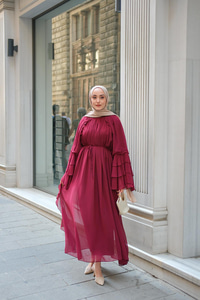 Fırfır Detay Tül Elbise Bordo