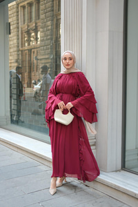 Fırfır Detay Tül Elbise Bordo