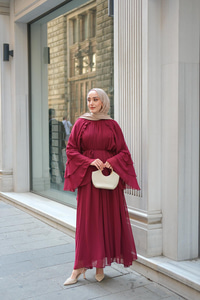 Fırfır Detay Tül Elbise Bordo