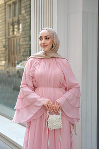 Fırfır Detay Tül Elbise Pudra