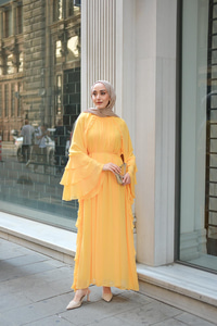 Fırfır Detay Tül Elbise Sarı