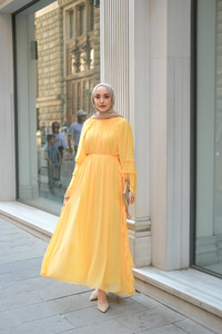 Fırfır Detay Tül Elbise Sarı