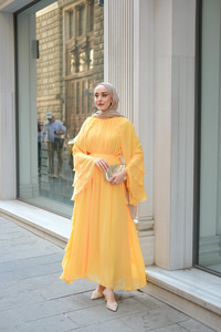 Fırfır Detay Tül Elbise Sarı