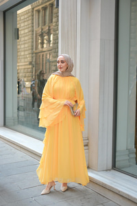 Fırfır Detay Tül Elbise Sarı