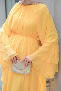 Fırfır Detay Tül Elbise Sarı