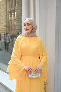 Fırfır Detay Tül Elbise Sarı