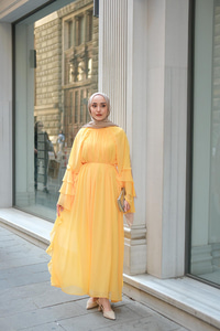Fırfır Detay Tül Elbise Sarı